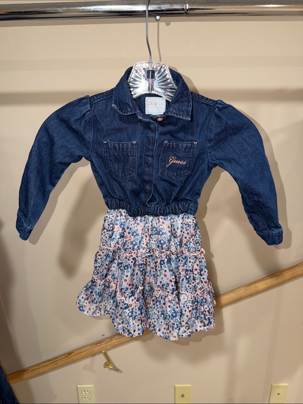 GUESS Navy Denim Jacket with Pink Floral Skirt